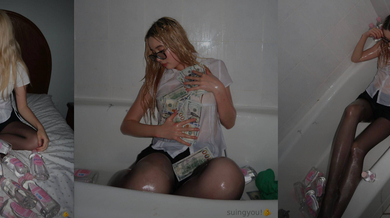 Slutty Lil Tay striptease in shower with tits & cash leak