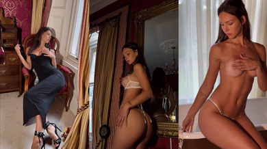 Rachel Cook Elegant Strip Black Dress White Lingerie Nude